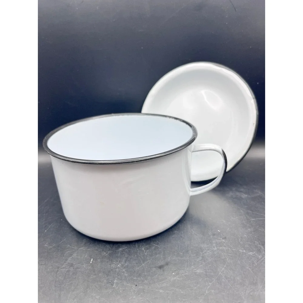 Vtg 2 Pc Enamel Soup Mug Saucer/Plate/Lid Set White‎ Black Trim Camp Kitchenware